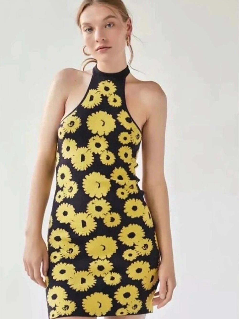 Urban Outfitters Mini Dress Floral Halter in Black & Yellow Size Small